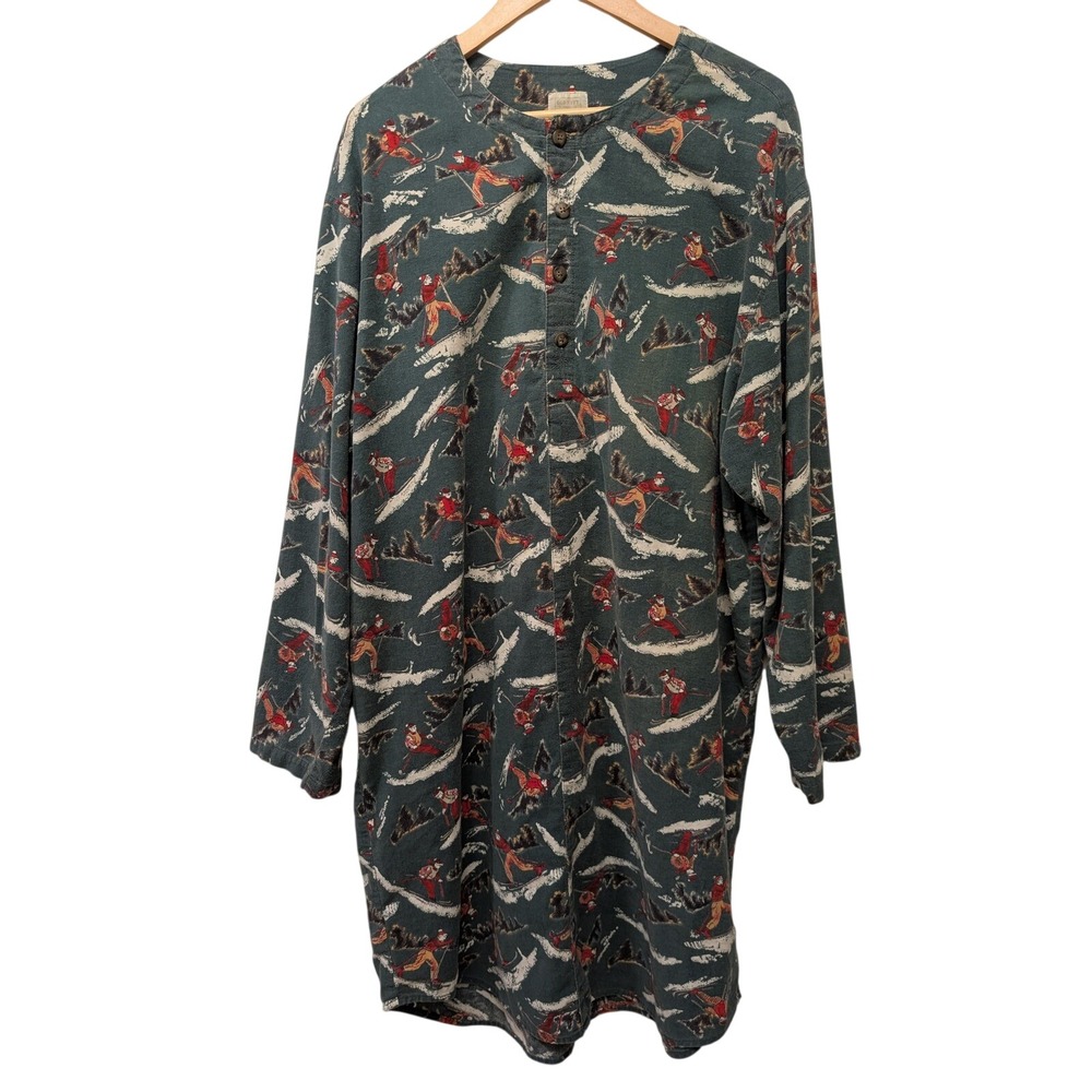 Vintage Old Navy Men's Cotton‎ Flannel Nightshirt Skiing Christmas Holiday Large